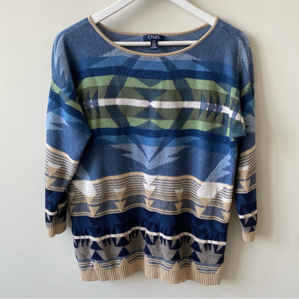 Chaps Southwestern Tribal Blue Green Knit Sweater Women’s Size Large